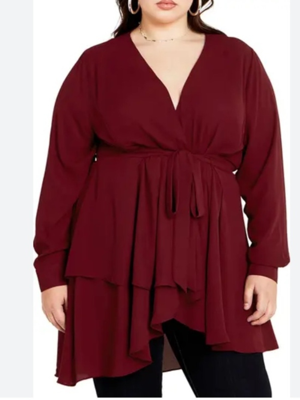 New PrettyLittleThing V-neck Belted Blouse Tunic Top Burgundy Red